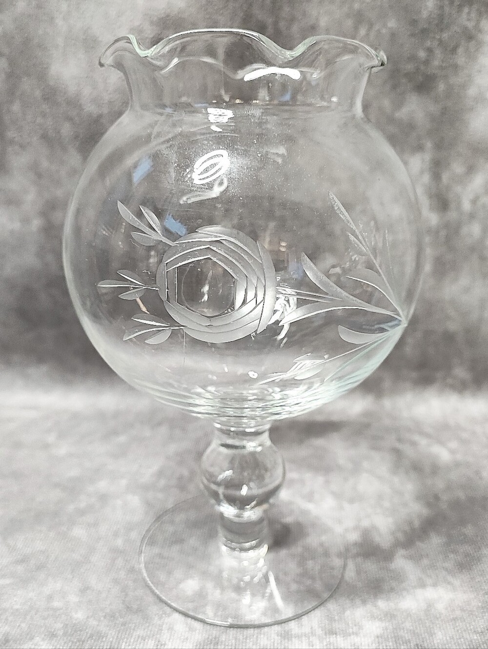 Rose Bowl Etched Cut Glass Ruffled Edge Pedestal Flower Compote Vintage